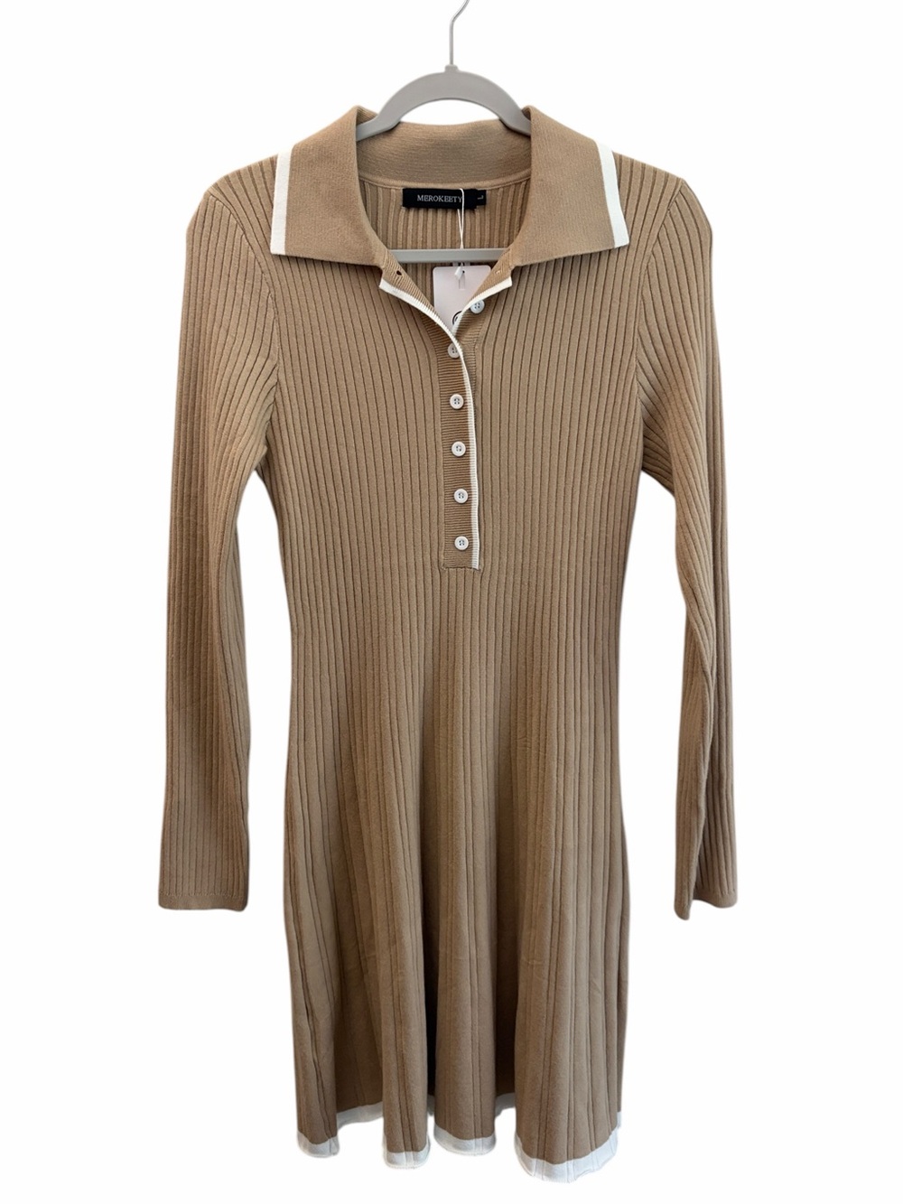 NWT Merokeety Preppy Ribbed Henley Style Knit Dress Tan White Trim Size Large